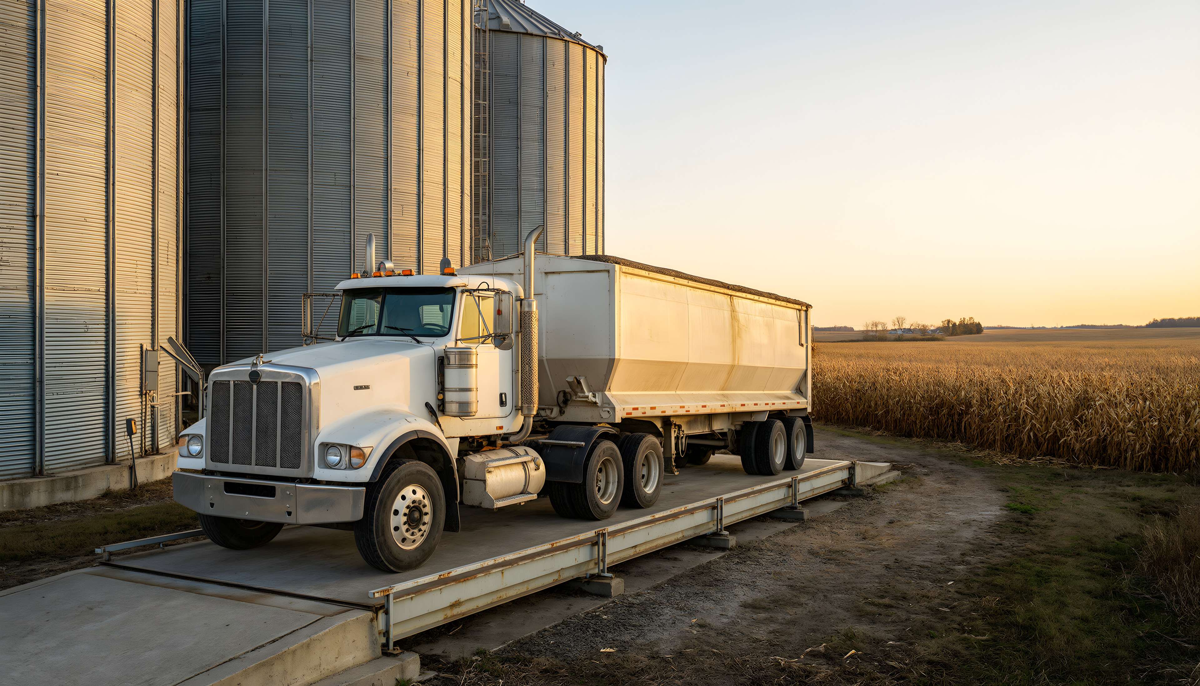 Grain truck on a truck scale beside steel grain bins at sunset