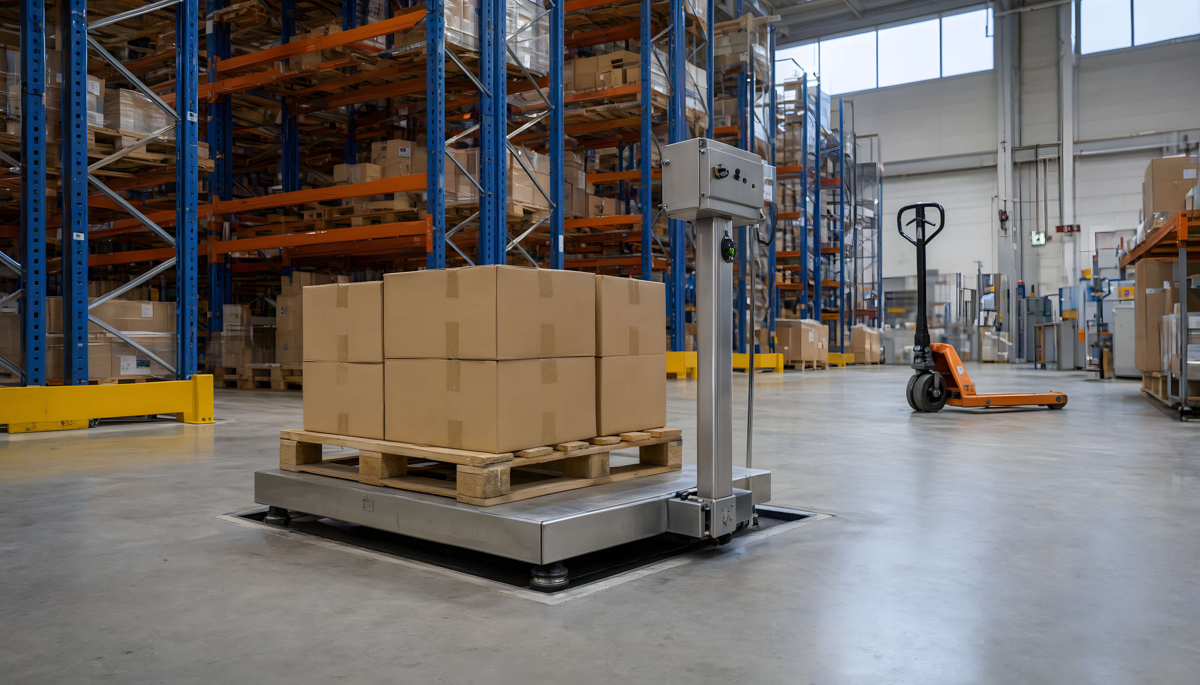 Stainless floor scale with a pallet of boxes in a warehouse
