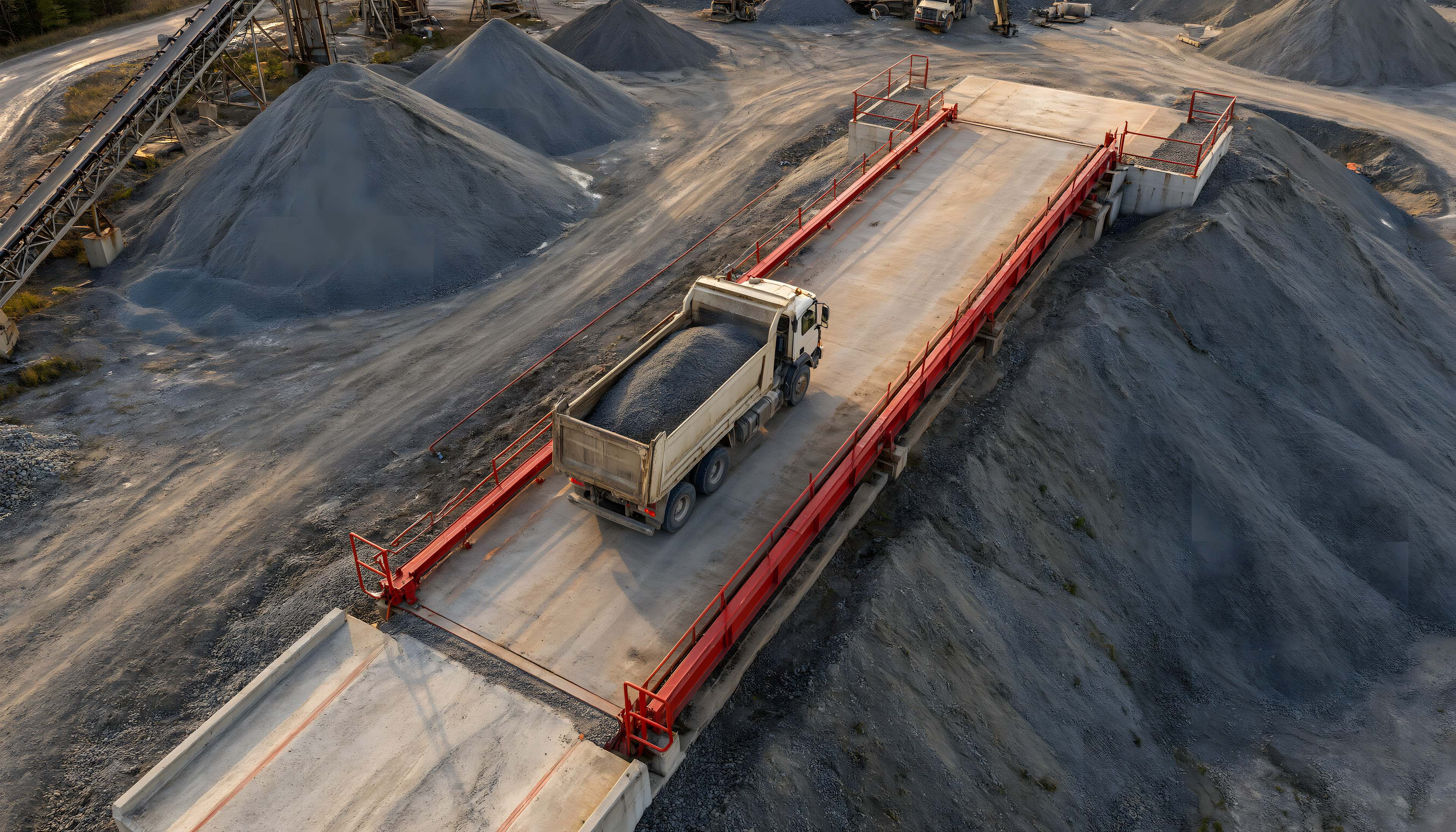 Aerial view of a loaded dump truck on a red steel truck scale at a gravel quarry