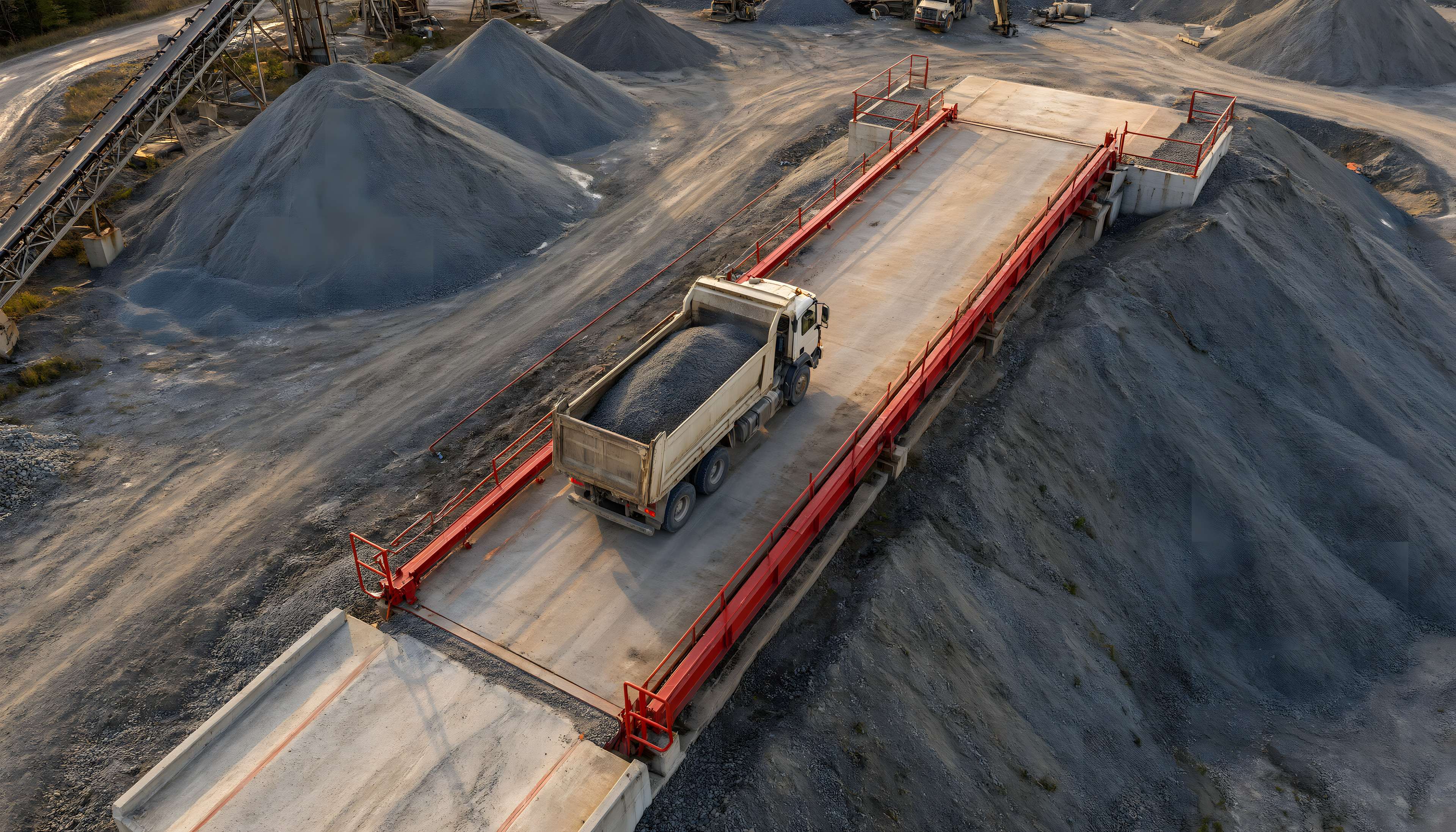 Aerial view of a dump truck on a truck scale at a gravel quarry