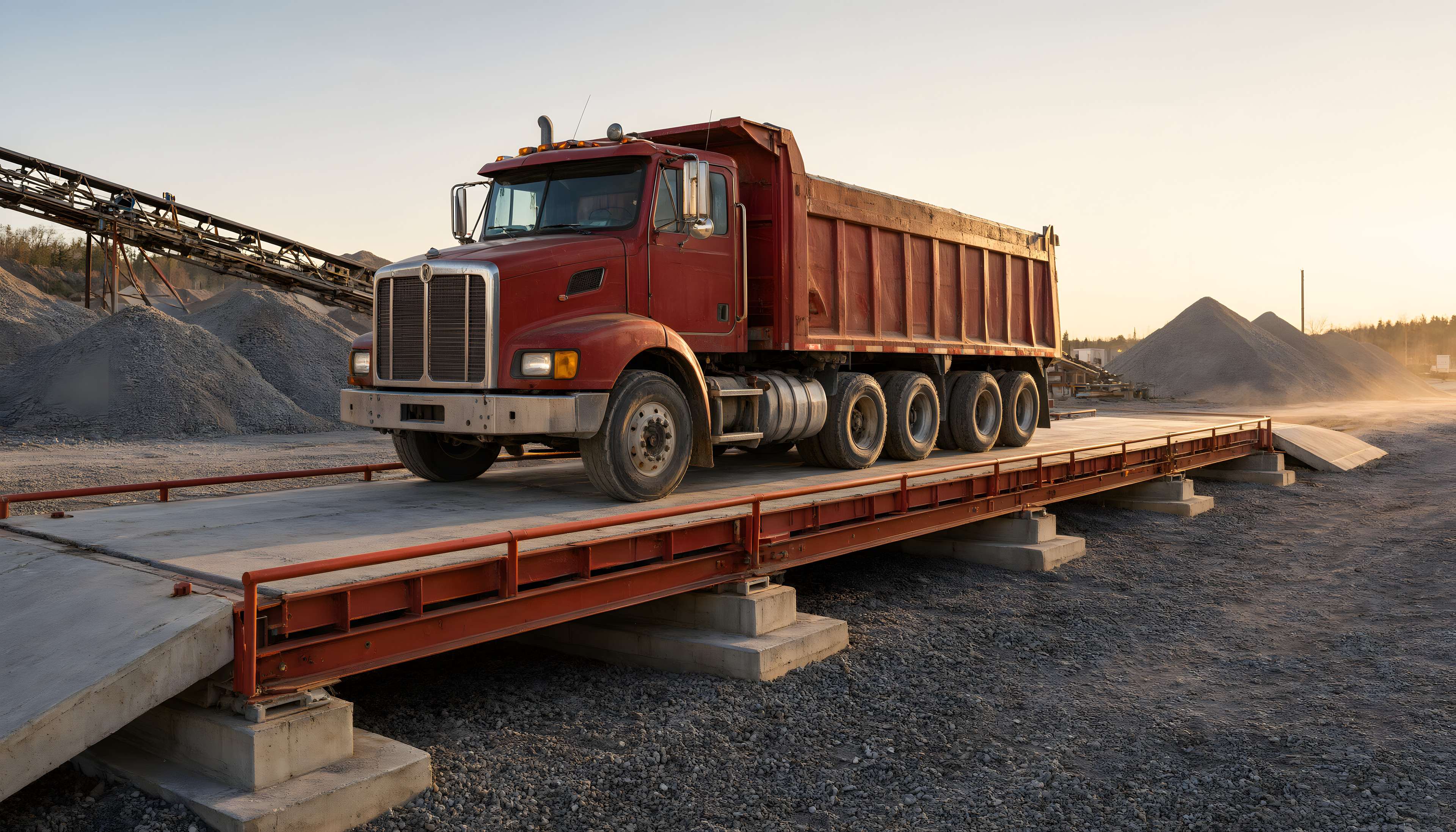 Loaded dump truck crossing a red steel truck scale at a quarry at golden hour