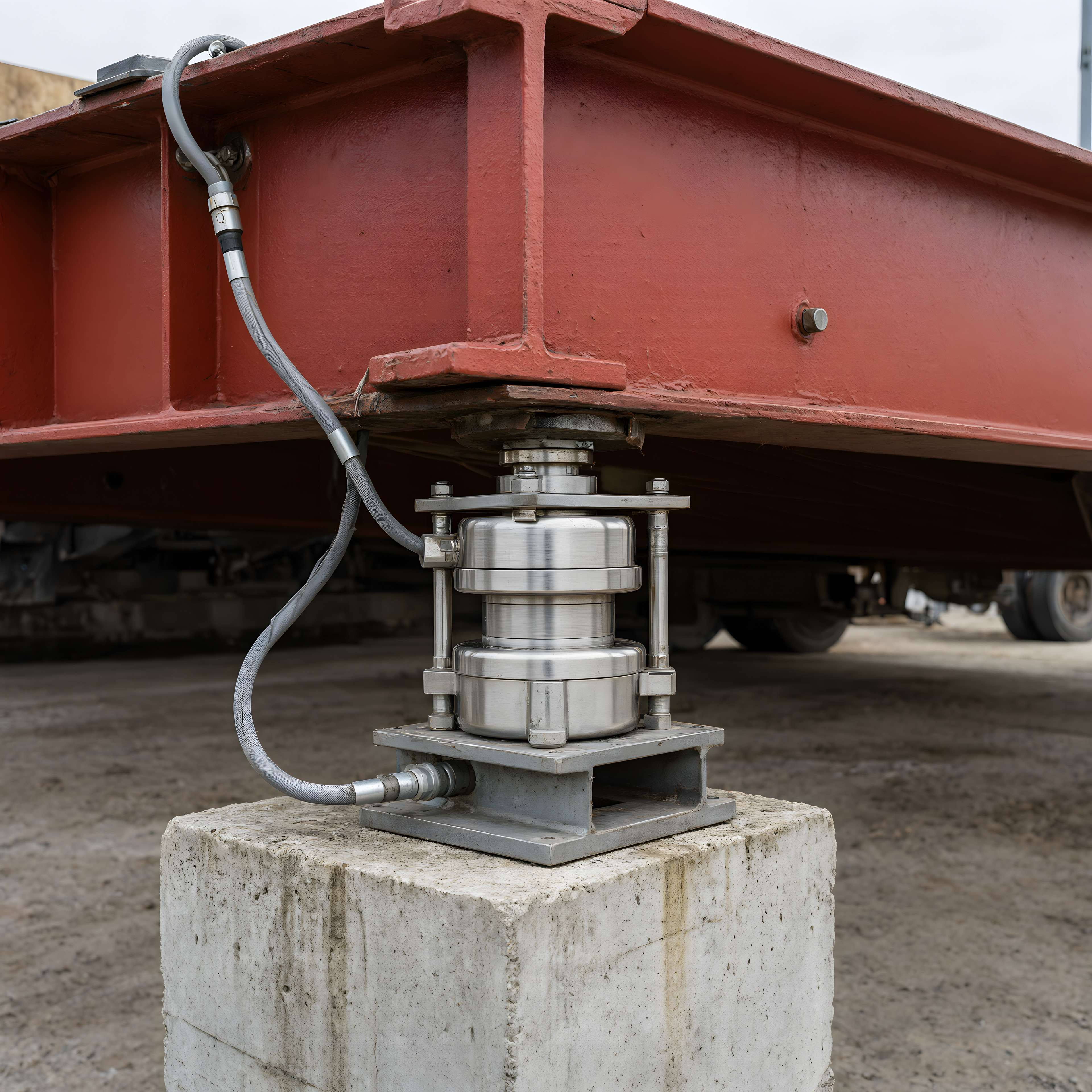 Stainless steel compression load cell mounted under a red steel weighbridge