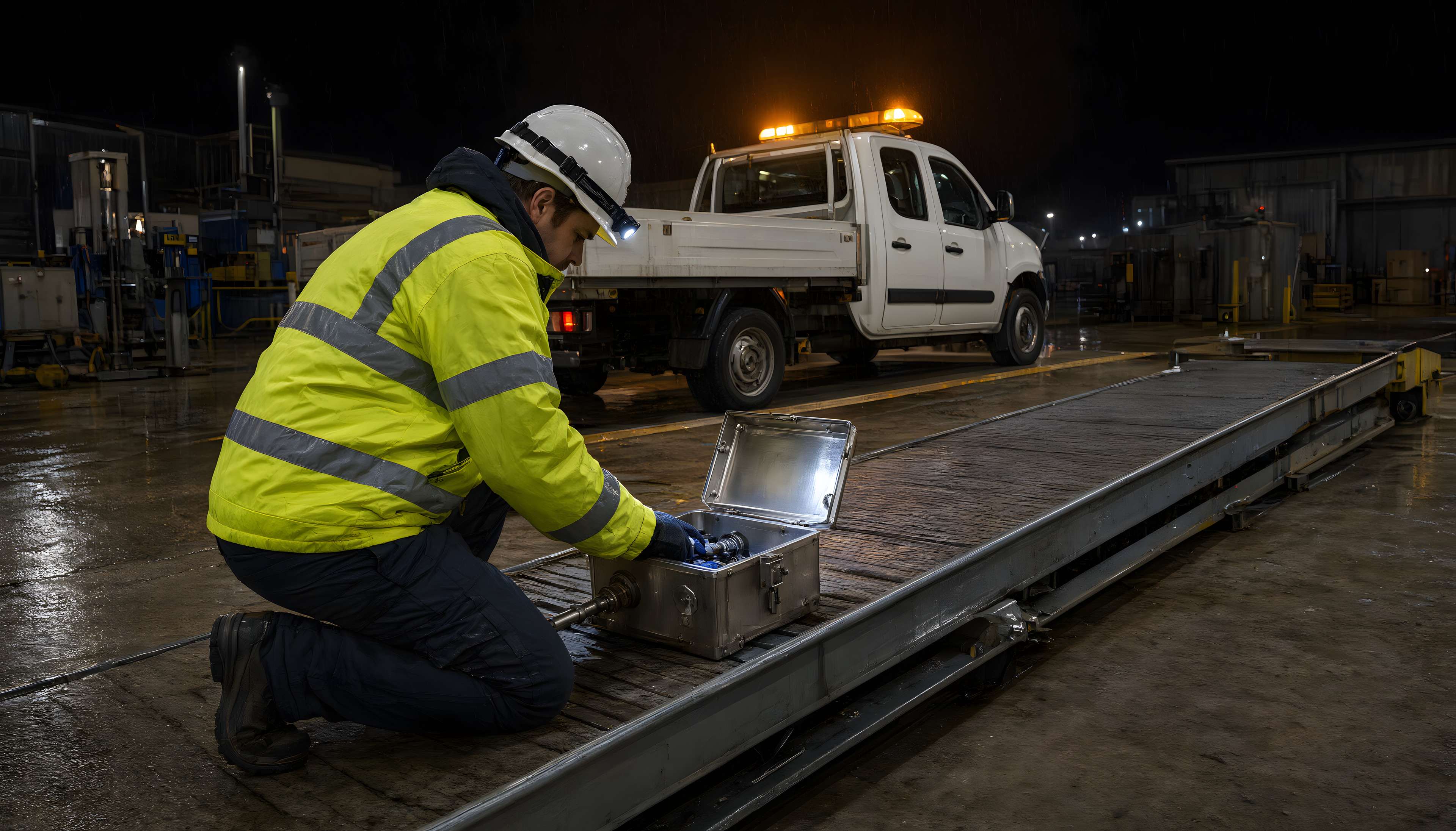 Service technician inspecting a truck scale junction box at night in the rain