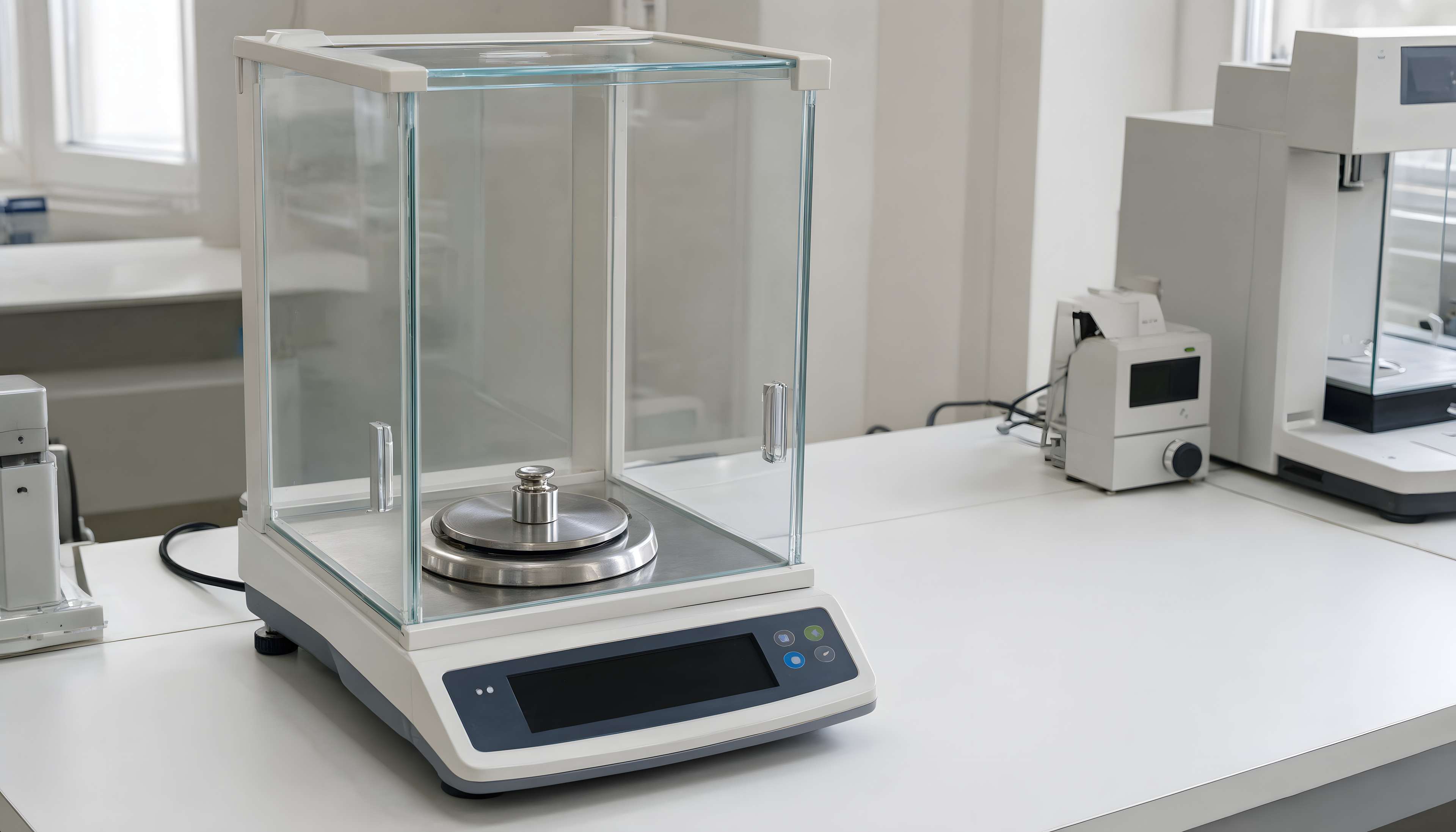 Precision laboratory balance with draft shield on a white bench
