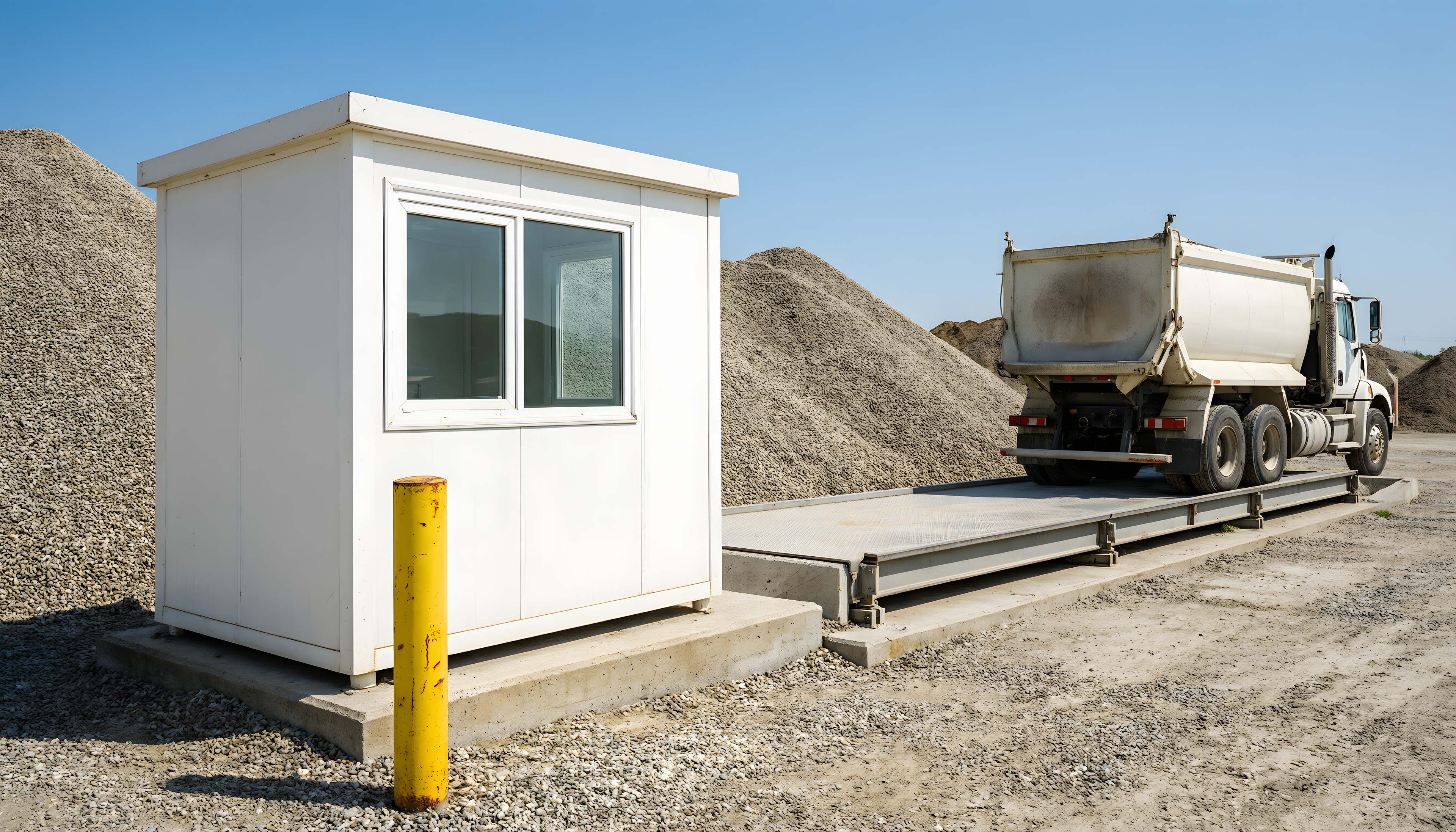 White scale house beside a truck scale at an aggregate yard