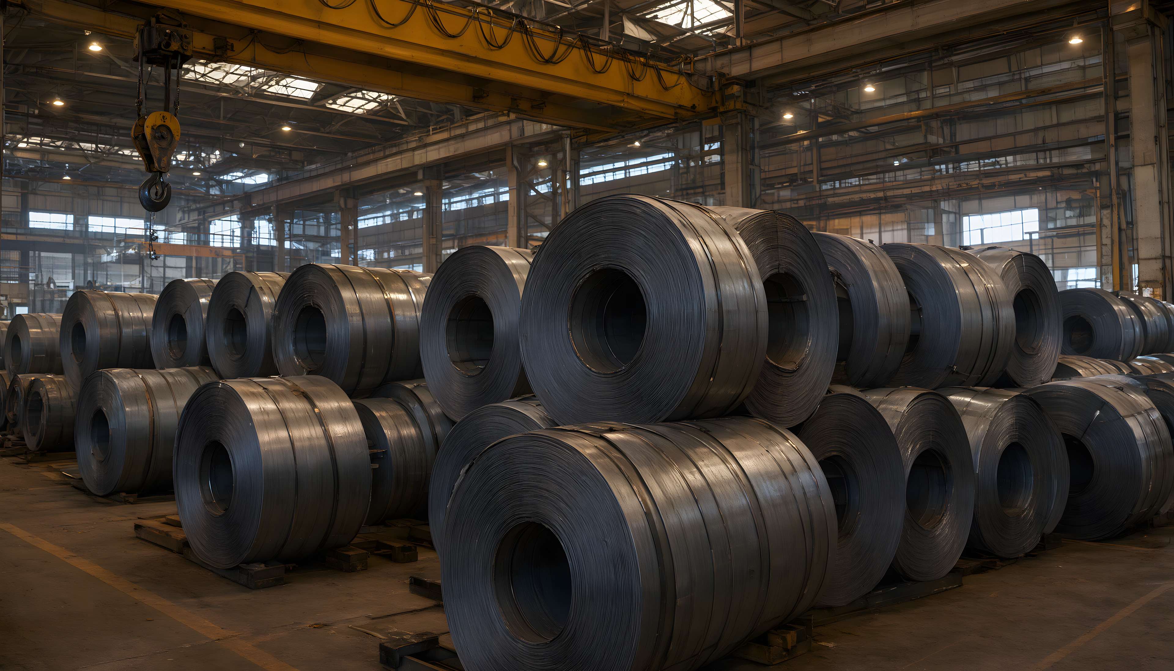 Rolled steel coils beneath an overhead crane in a steel service centre
