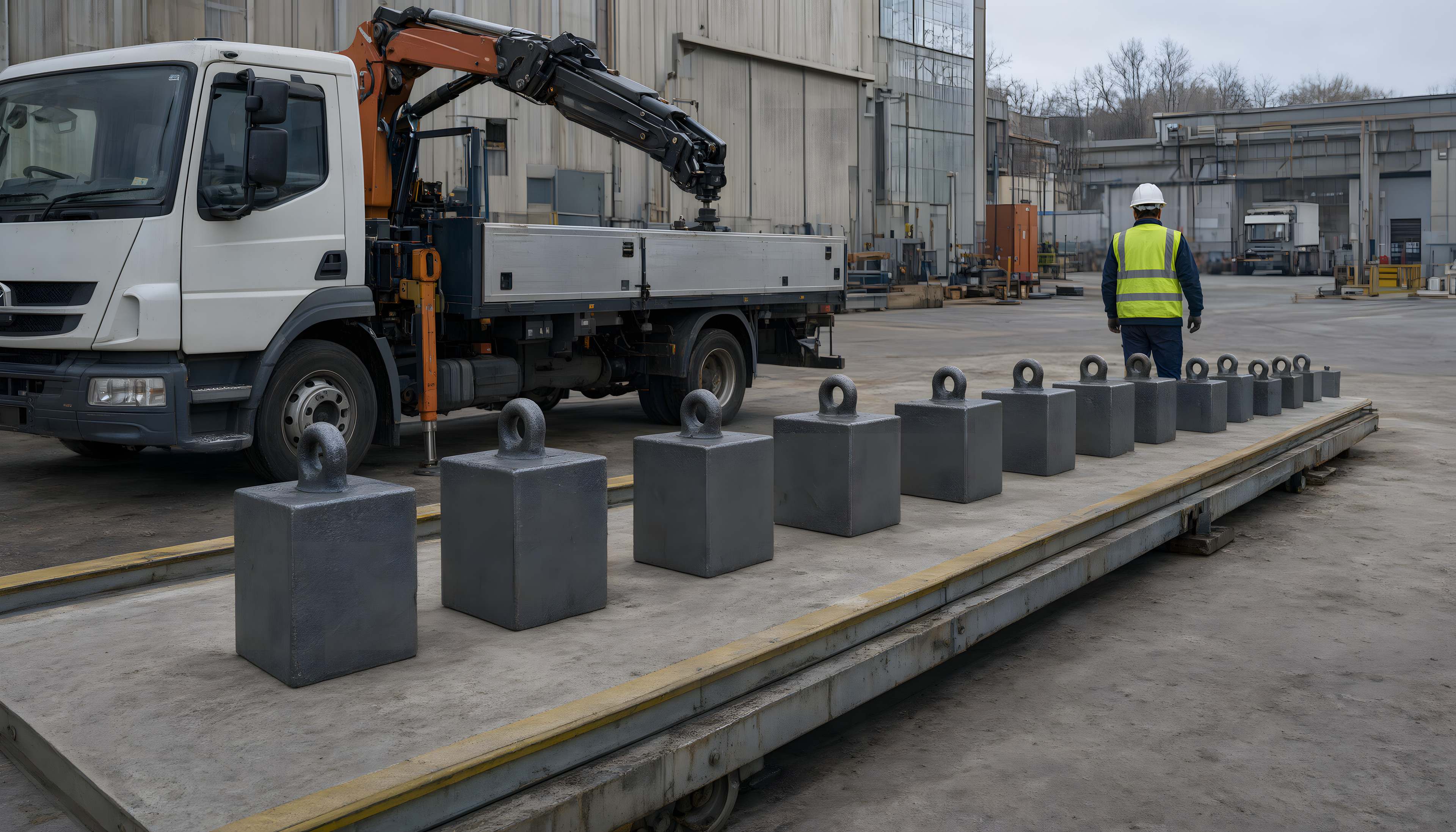 Certified test weights placed along a truck scale deck during calibration