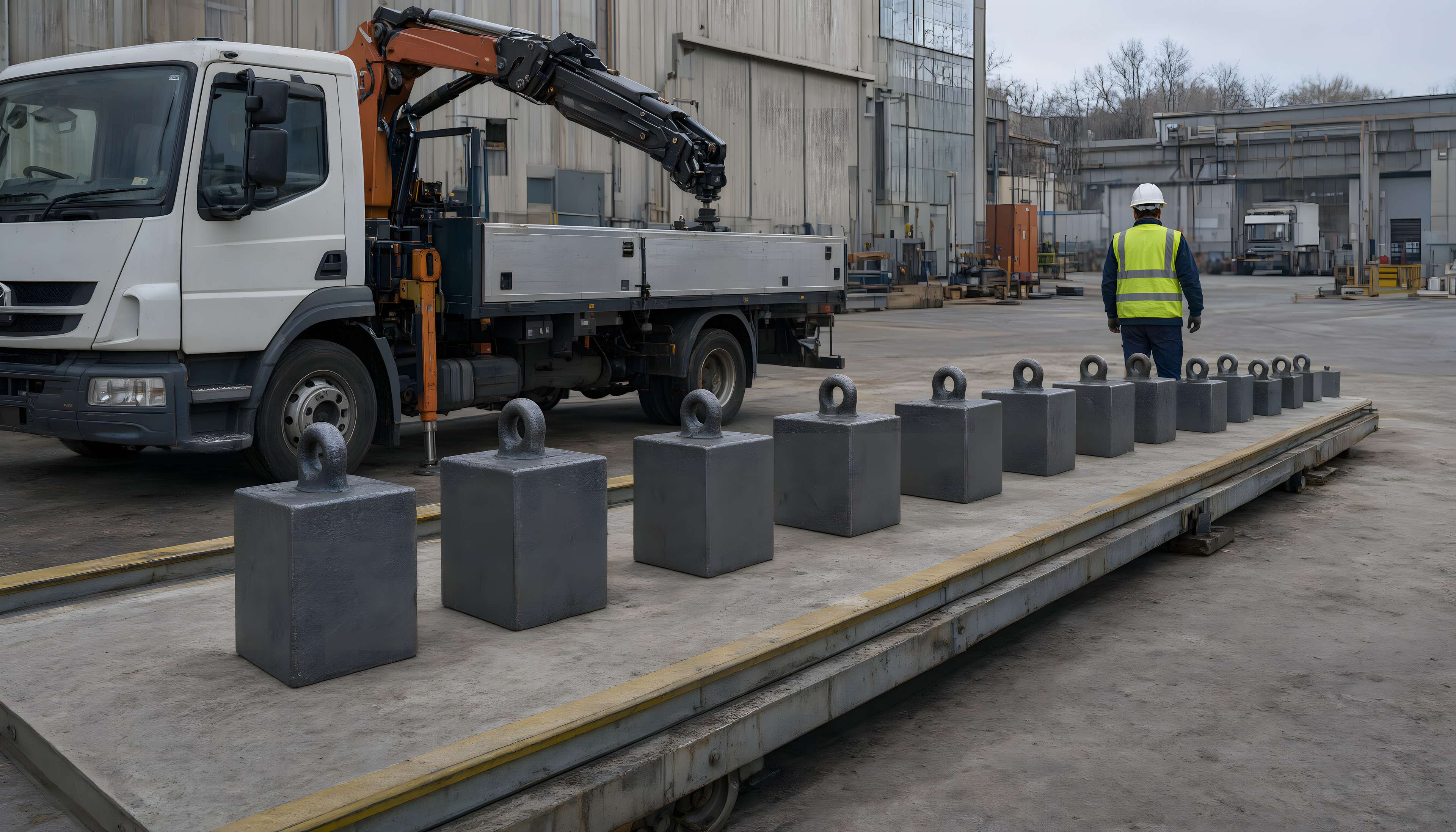 Certified test weights placed along a truck scale deck during calibration