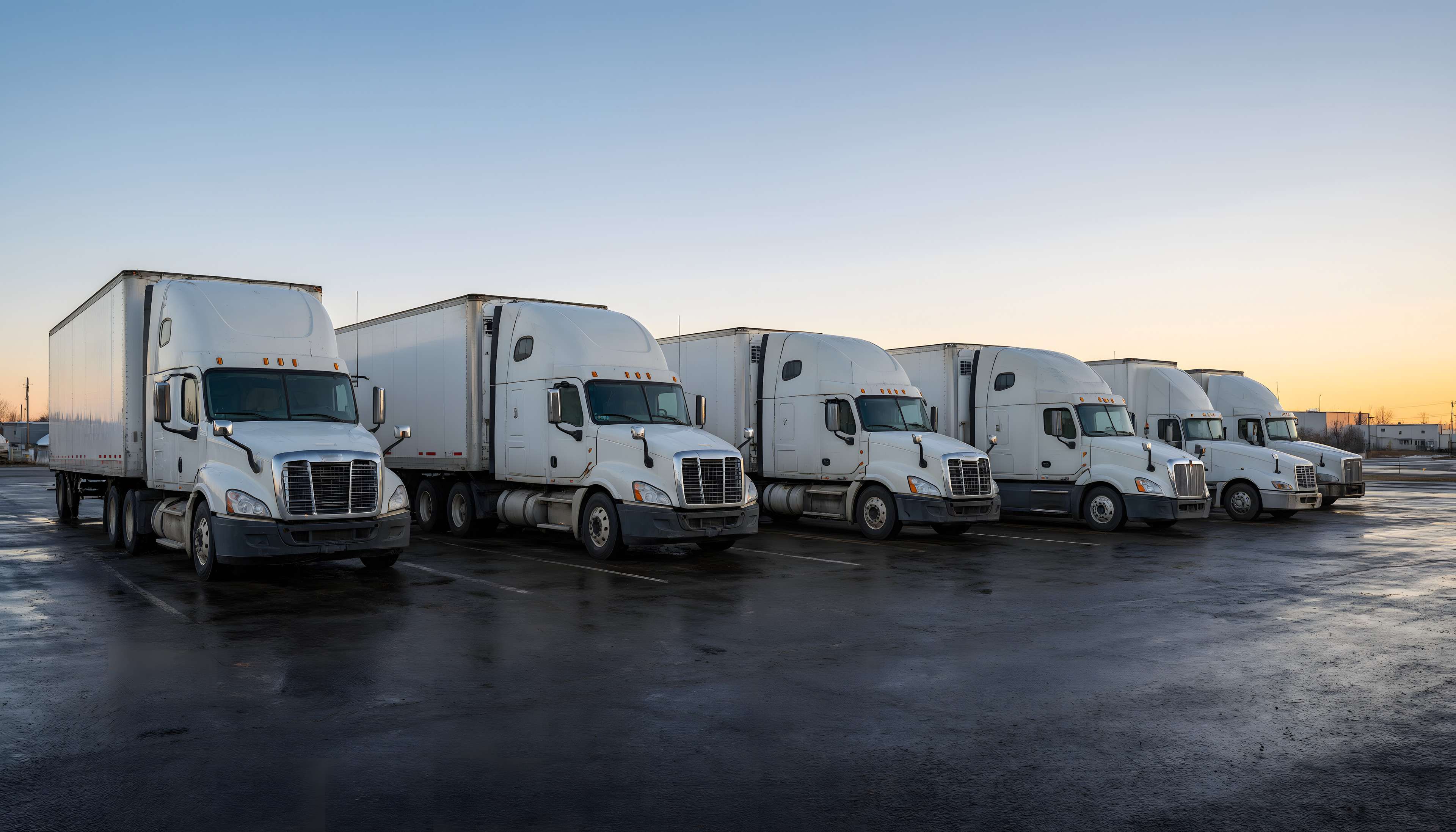 Row of semi-trailer trucks at a trucking yard at dawn